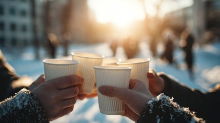 People toasting with coffee cups in a winter setting with snow and sunlight
