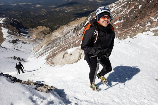 Winter hiking adventure in snowy mountain landscape