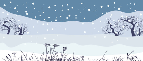 Fototapeta premium vector drawing winter landscape with snow and trees, hand drawn illustration,cover background