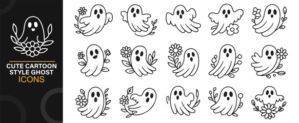 Fototapeta premium Cartoon ghost outline icons with floral patterns for spooky seasonal art