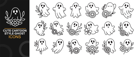 Friendly ghost illustrations with flowers in hand-drawn black and white design