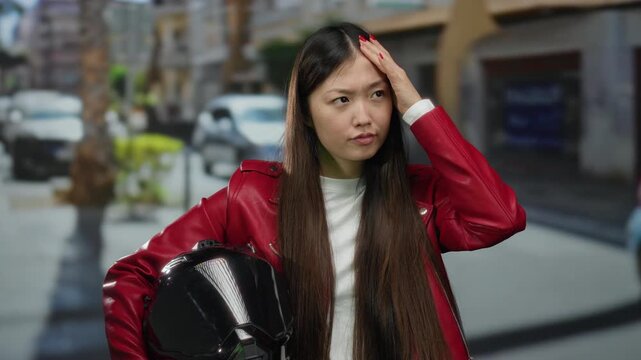 Woman standing on urban street in red jacket holding black helmet with a thoughtful expression surrounded by blurred cityscape and parked cars suggesting modern lifestyle.