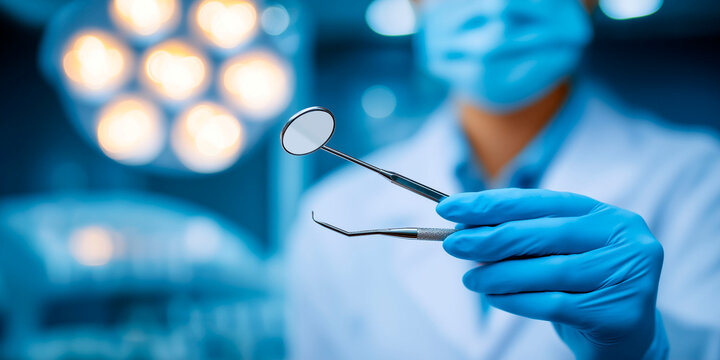 Dentist in blue gloves holding dental mirror and scaler in a bright clinic environment with surgical lights in the background