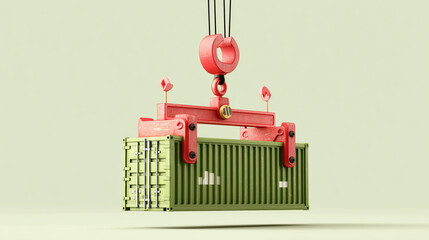 Toy crane lifting green container on pastel background, representing construction, logistics and innovation concept