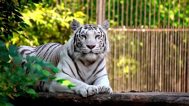 Majestic white tiger resting in zoo enclosure