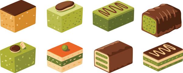 Assorted layered dessert bars, colorful cakes, chocolate topping, green matcha, sweet treats, gourmet pastry, bakery selection, food styling, elegant sweets, white background, culinary art,