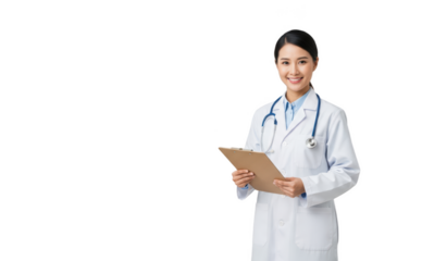 A smiling female doctor in a white lab coat holding a clipboard, against transparent background