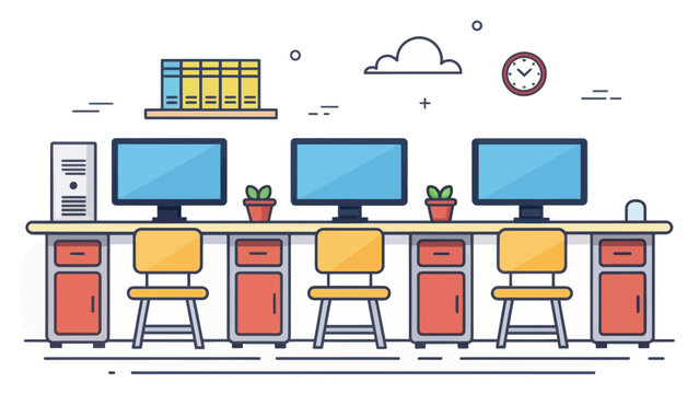 A computer lab setup with desktops and chairs in a classroom