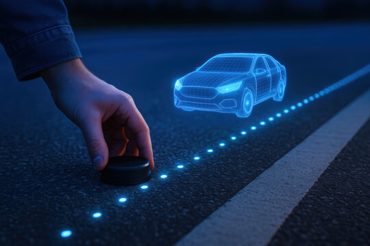 Hand placing sensor on road with holographic car above illustrating machine learning concept across industries for smart transportation innovation