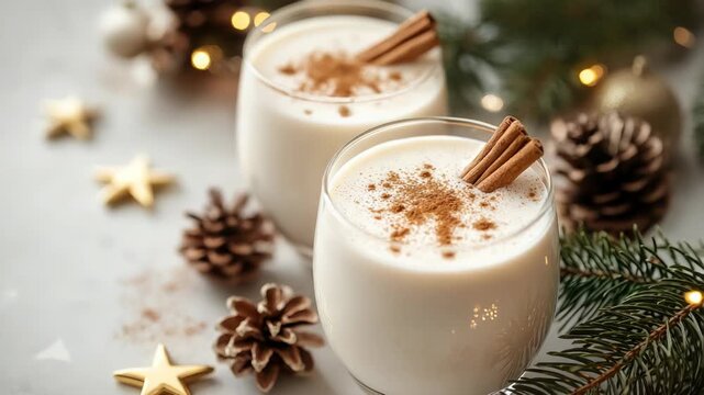 Creamy eggnog drink serving as classic festive winter cocktail, garnished with cinnamon sticks and nutmeg powder in star shape, creating a warm holiday atmosphere with copy space