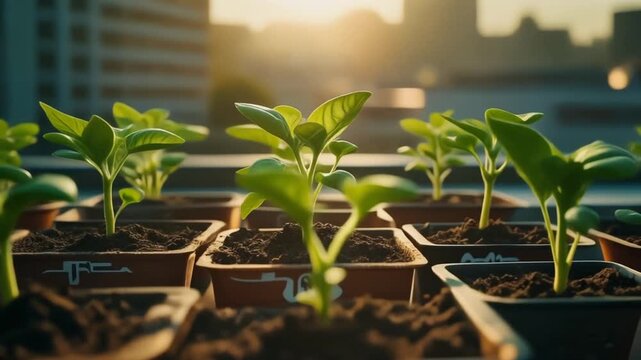 Rooftop Garden A Close-Up View of Young Plants Growing in Square Pots, Bathed in Sunlight
