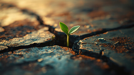 Krupnyy plan zelonogo rostka, prorastayushchego skvoz' tresnuvshuyu metallicheskuyu poverkhnost' 3D-kontsept mnogorazovoy butylki dlya vody iz prozrachnogo kristallicheskogo materiala s otbleskami i