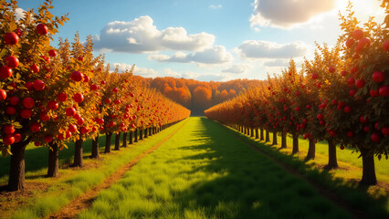 Naklejka premium Autumn apple orchard rows with red apples, sunny day, scenic landscape, harvest season, agriculture and nature