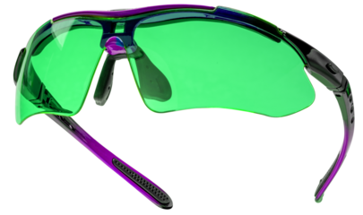 Green Sport sunglasses isolated on white background with clipping path. Protective eyewear with green lenses and black-purple frame for outdoor cycling, running, or fitness activities PNG File.