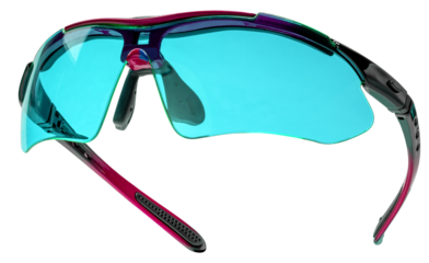 Blue Sport sunglasses isolated on white background with clipping path. Protective eyewear with green lenses and black-purple frame for outdoor cycling, running, or fitness activities PNG File.