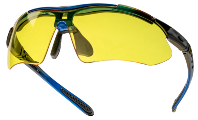 Sport Yellow sunglasses isolated on white background with clipping path. Protective eyewear with green lenses and black-purple frame for outdoor cycling, running, or fitness activities PNG file.