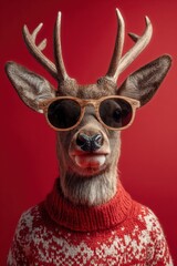 Deer wearing sunglasses and an ugly Christmas sweater against a red background.
