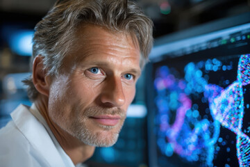 Scientist analyzing data at high-tech laboratory in evening light with colorful graphics on screens