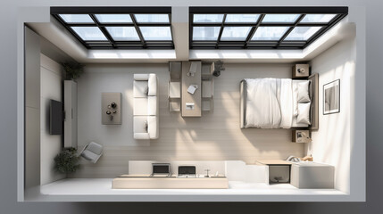 Top view of minimalist bedroom with sunlight and shadows, representing modern architecture, comfort and home lifestyle concept