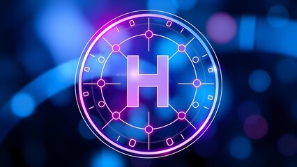 Health care futuristic logo. blue purple neon lighting 