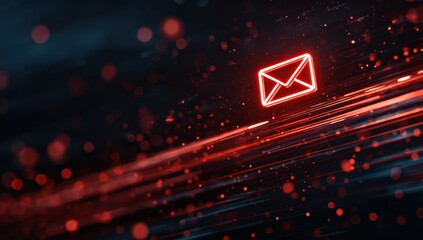 Glowing red email icon with a digital background.
