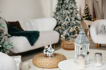 Winter home decor with rustic lanterns and glowing string lights