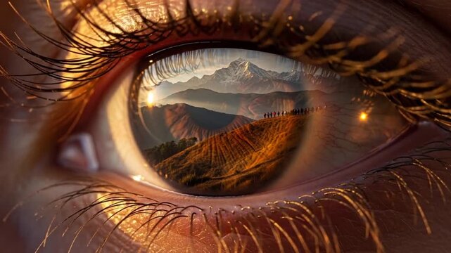 Majestic Mountain Landscape Reflected in a Human Eye with Hikers