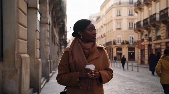 Elegant black woman walking and drinking coffee on a european street