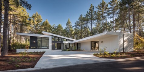 Fototapeta premium Modern single-story angular house in forest.