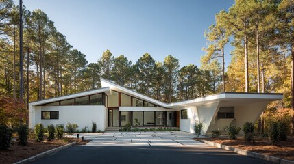 Obraz premium Modern single-story angular house in forest.