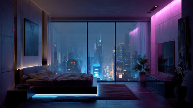 Modern bedroom with neon lights and panoramic window overlooking city skyline, symbolizing urban lifestyle and futuristic design concept