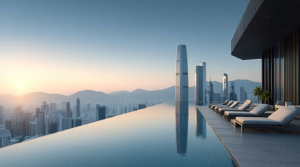 Infinity pool at rooftop terrace with sunrise city view, symbolizing luxury travel, relaxation and modern architecture concept