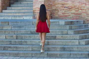Spanish woman, with long dark hair, young and pretty, dressed in red, climbing the stairs of the Plaza de España in Seville. Photo taken from behind.