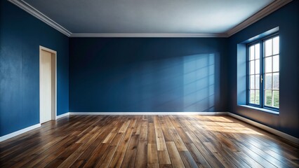 Fototapeta premium Empty Dark Blue Room, Brown Wooden Floor - Moody Interior Stock Photo