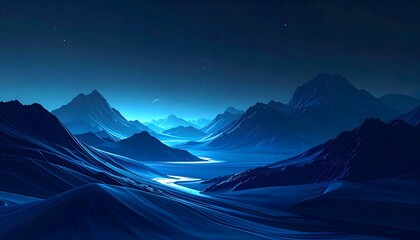 A serene and breathtaking vista of a valley filled with mist, illuminated by the soft glow of stars at night