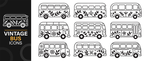 Hippie flower power vans and buses in outline style illustration set