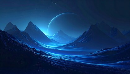 Mystical blue planet landscape with mountains under a large celestial body
