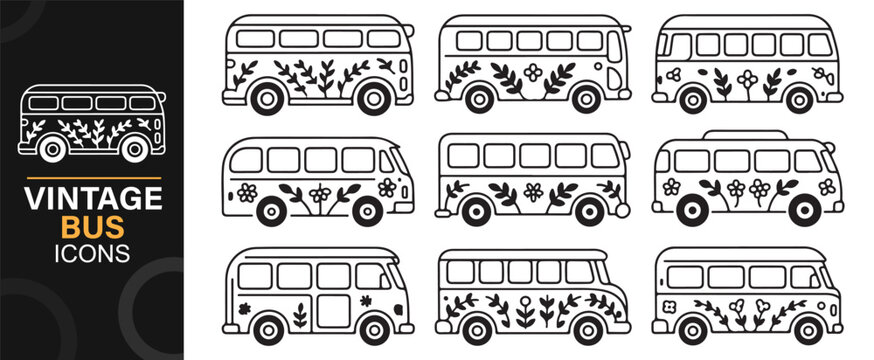 Hand drawn vector outline of classic camper vans with decorative floral motifs