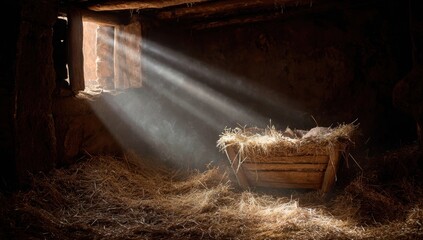The baby's cradle in the manger, illuminated by rays of light streaming through an open window.