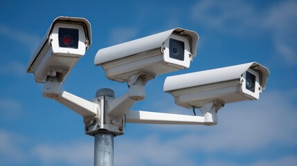 Three white CCTV cameras on a pole.