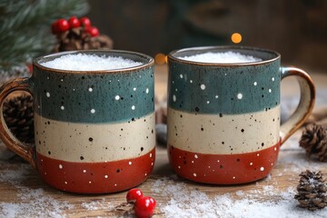 mugs with red and green design.