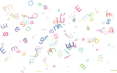 Colorful scattered lowercase letters create a whimsical and artistic backdrop, perfect for language, education, or creative projects
