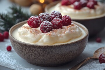 Bowl of pudding with raisins and powder.