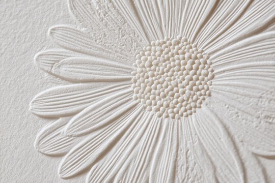 This artwork features an embossed flower design with detailed petals and a textured center. The composition highlights the delicate craftsmanship on soft white paper