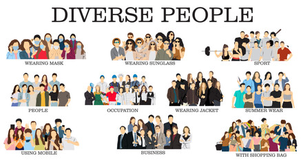diverse set of different people ,vector illustration diversity . people, business, occupation, professional, profession, sports, athletes, multinational diverse people, street fashion 