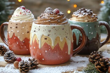 mugs of hot chocolate topped with whipped cream.