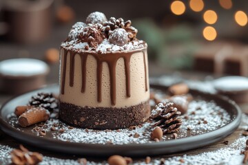 Chocolate cake topped with chocolate sauce and nuts.