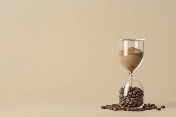 Hourglass filled with coffee beans and ground coffee against beige background