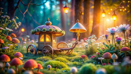 Naklejka premium Enchanted Forest Fairytale Wedding Carriage: Macro Photography Flat Banner