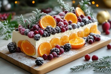 Piece of cheese with oranges and cranberries.